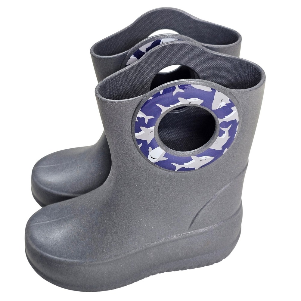 Okabashi Kids Grey Shark Print Waterproof Rain Boots Size 8 Made in USA